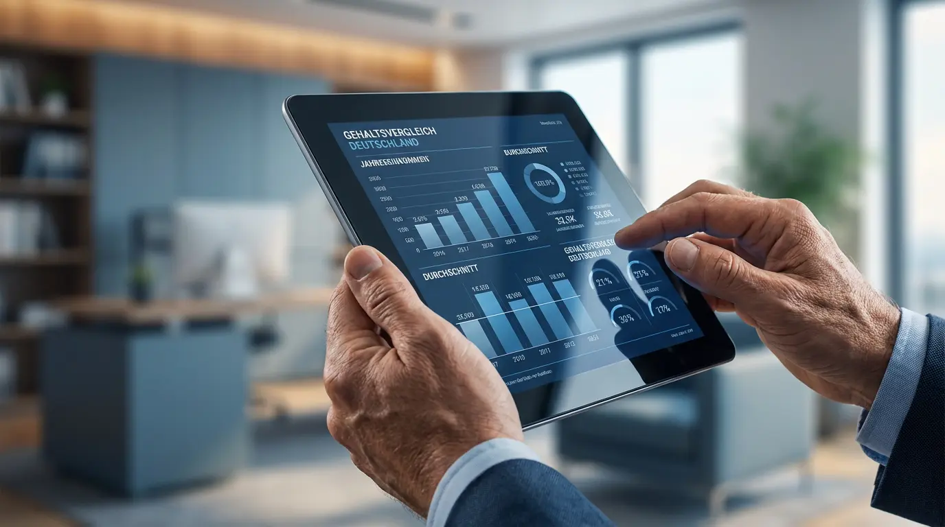 Analyse der Gehalts-Benchmarks 2026 auf einem Tablet – Datengestützte Karriereplanung.